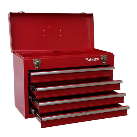 Portable Metal Tool Chest With 4 Drawers 20 Inch Cabinet Ball Bearing Drawer Slides Double Latch Pad Lock System Full Length Piano Hinge 22 Gauge Steel Red