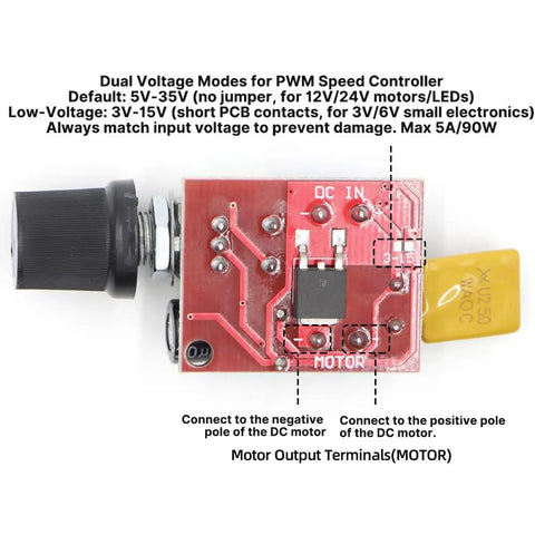 PWM DC Motor Speed Controller 5A Dimmer For 3V To 35V DC Motors And Fans With Adjustable Duty Cycle From One Percent To One Hundred Percent, 10kHz PWM, LED Indicator, DIY Friendly Pack Of 2, close-up of circuit board connections and components