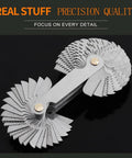 Thread pitch gauge set with multiple metal blades fanned open for metric, imperial, and Whitworth measurements.