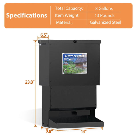 Metal Tough Galvanized Steel Deer Feeder Holds Fifty Pounds Of Corn Or Protein Mix Rust Proof Wild Game Feed Dispenser with specs.
