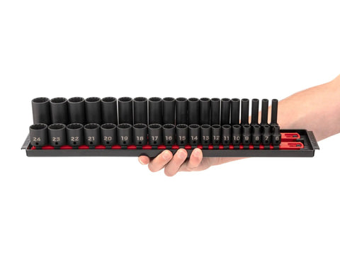 Hand holding 3/8 Inch Drive 12 Point Impact Socket Set With Rails, 68-Piece Includes Standard And Deep Sockets From 1/4 In To 1 In And 6-24 mm SAE And Metric For Auto Repair And Maintenance
