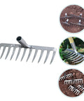 11-Prong Steel Grass Plowing Rake Heavy Duty Garden Tool For Soil Tilling And Hay Raking with close-ups of rake in use