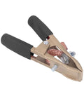 Heavy Duty Brass Welding Ground Clamp Rated For 500 Amps With Large 60mm Jaw Opening For Secure Earth Clip Hookups On Cars And Heavy Power Train Manufacturing Jobs You Can Count On Today. Close-up of clamp with non-slip handle.