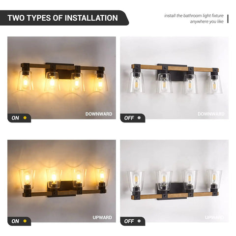 Farmhouse Style Four Light Vanity Light Over Mirror with Rustic Wood Frame and Seeded Glass Shades, two installation options
