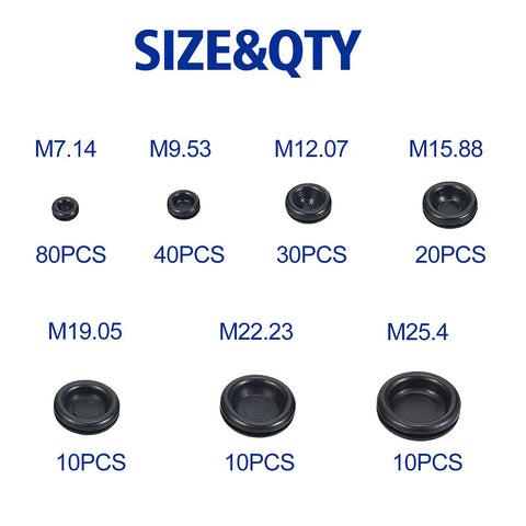 200 Piece Rubber Grommet Set With 7 Sizes For DIY Wiring Electrical And Plumbing Projects, Closed Hole Plugs M7.14 M9.53 M12