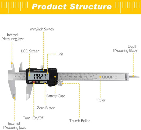Diagram of Digital Caliper With Stainless Steel Body And Large LCD Screen For 0 To 6 Inches And Millimeter Conversion features.