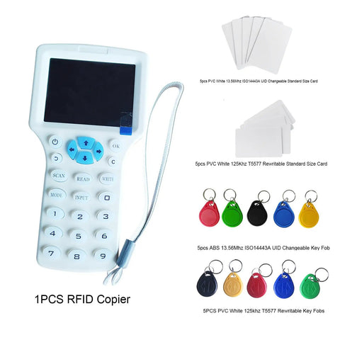 English Voice Multi Frequency RFID Copier, Reader And Duplicator For ID IC And Proximity Cards, Includes 5 T5577 UID Changeable Keys, 3.2 Inch Color Screen, Compact And Easy To Use, with accessories.