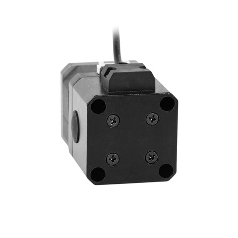 Huayong NEMA17 brake stepper motor, 12V, 4-lead, black housing with attached cable (angled front view)
