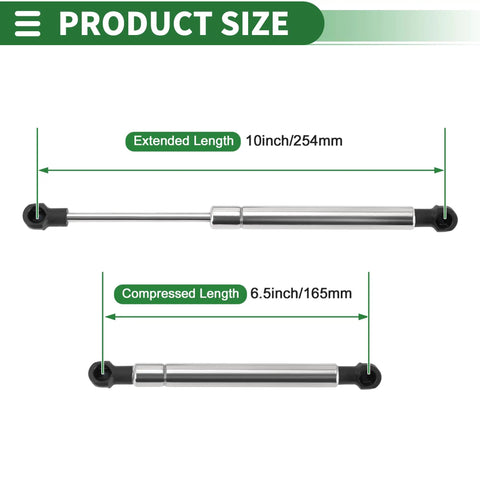 Product size illustration of 10 Inch Stainless Steel Hydraulic Gas Spring Struts, 10 Lb Force Lift Support Assortment.