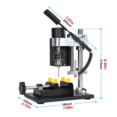 Heavy Duty 200W Mini Bench Drill Press Stand With Seven Gear Variable Speed Up To 8000 R/min Precision Pillar Drill Machine side view with measurements
