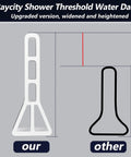 Comparison of Raycity Heavy Duty 3 Inch Rise Shower Threshold Water Dam against a standard model, highlighting width and height.