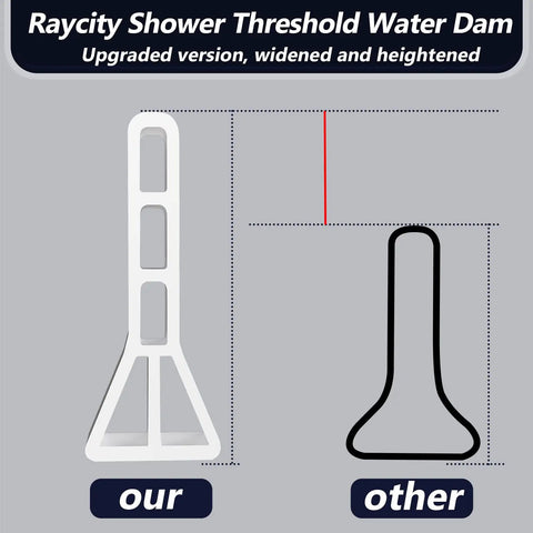 Comparison of Raycity Heavy Duty 3 Inch Rise Shower Threshold Water Dam against a standard model, highlighting width and height.