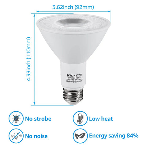8W Equivalent PAR30 LED Bulbs 75W Replacement CRI 90 Plus Dimmable Flood Light Bulbs 800 LM Long Neck For Recessed Trim And Track Lighting 3000K Warm White Energy-Saving Pack Of 6 showing bulb dimensions and benefits like no strobe and low heat