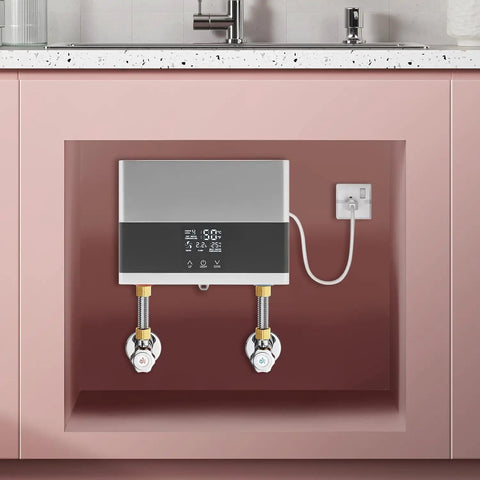 Dang Nice Under Sink Instant Hot Water Heater With Crisp Digital Display 110 Volt 4000 Watt Heavy Duty Electric Mini Tank installed under a kitchen sink.