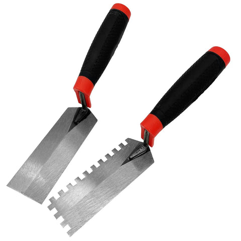 Two Pack Carbon Steel Margin Trowel Set With Flat And Square Notch Trowels For Masonry Flooring Drywall Concrete And Tile Work Built Tough