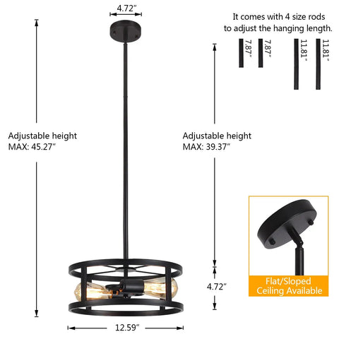 Industrial Black Semi Flush Mount Ceiling Light With Adjustable Height And Two Light Fixtures dimensions and rod lengths