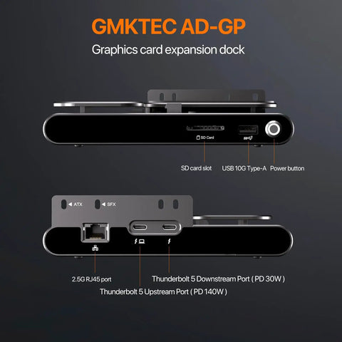 Thunderbolt 5 eGPU dock with SD card slot, USB Type-A, and multiple ports for upgrades. Upgrade Your Daily Driver Into A Total Beast With This Slick Egpu Dock Featuring Dual Thunderbolt 5 Ports, Native PCIe 4.0 X4 Expansion, Robust 140W PD Power Delivery, And Insanely Quick SD 4.0 Card Access.