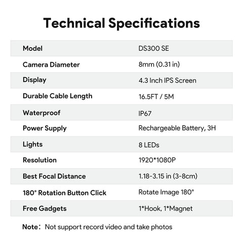 Technical specifications of Industrial Borescope Tool With 4.3 Inch IPS Screen Bluart 3.0 Tech HD Endoscope Camera Lights