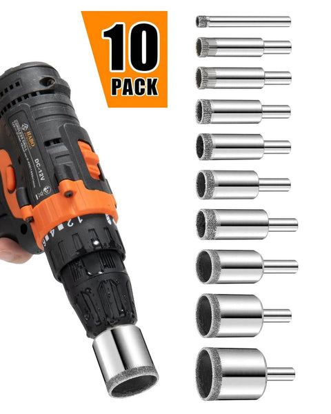 Diamond drill bits set, 10-pack; silver diamond-coated bits shown with an orange-and-black cordless drill.
