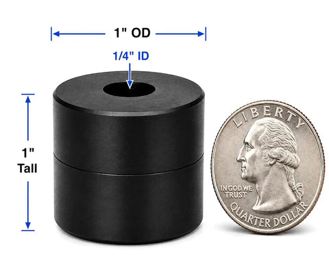 Kill The Vibration Heavy Duty Rubber Spacer Bushings For Machinery Panels with quarter for size comparison, 1" tall.