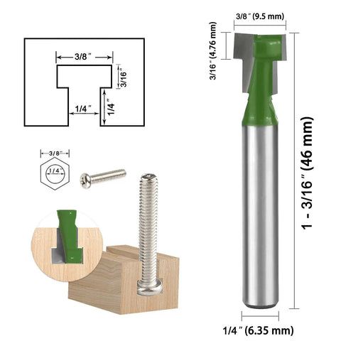 Keyhole Router Bits Set Six Pcs With One Quarter Inch Shank Blade Diameters One Quarter Five Sixteenths Three Eighths Nine Sixteenths One Half And Five Eighths For Woodworking And Hanging Projects Handy For DIY Picture Frames Shelves And Wall Mounts with size diagram