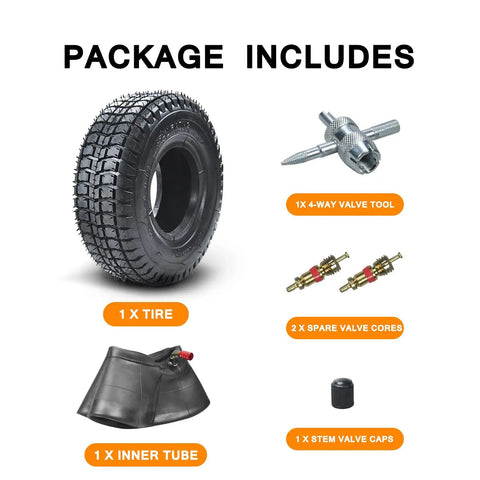 9x3.50-4 Tire With Inner Tube Replacement For 49cc Stand Up Gas Scooter, valve tool, valve cores, and caps