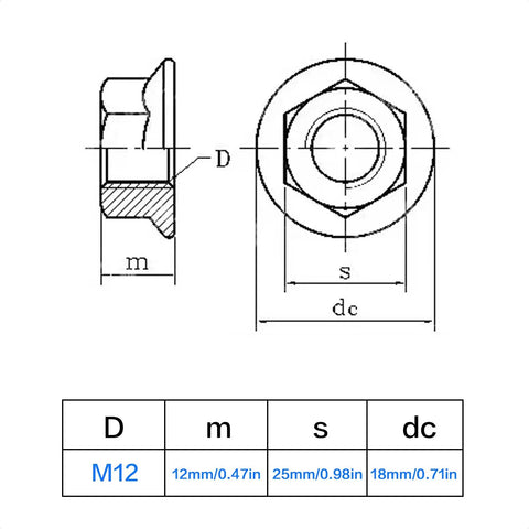 Technical drawing of 4 Piece M12 X 1.25mm Pitch Serrated Flange Nut Set Hex Lock Nuts Self Locking For Anti Loosening, Stainless Steel 304