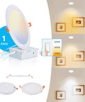 Eight Inch LED Recessed Light With Junction Box Kit Eight Pack Switchable Color Temperature On Fixture 3000K 4000K 6000K Plug And Play For Easy Install And Even Bright Home Can Lighting displayed with adjustable color temperature settings.