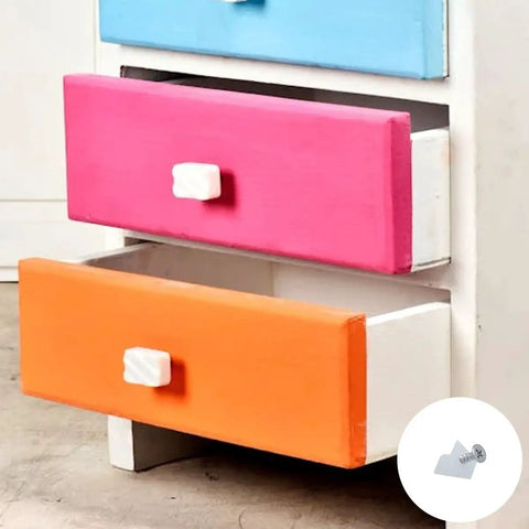 Colorful drawers with sagging bottoms repaired using 100 Piece Plastic Drawer Wedges With Screws Set For Sagging Drawer Bottom Repair.