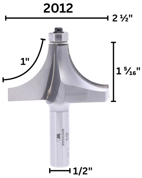 Roundover Router Bit With One Inch Radius And Two And A Half Inch Diameter Half Inch Shank And One And Five Sixteenths Inch Cutting Length Premium Carbide Precision Ground Workhorse For High RPM Industrial Grade Woodworking Edge Finisher showing detailed dimensions.