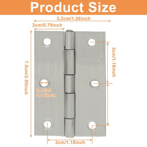 Two Pack 3 Inch 304 Stainless Steel Folding Hinge With Screws, Silver Butt Hinges For Cabinets, dimensions detailing visible