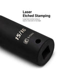 Close-up of a laser-etched 15/16 impact socket, part of Half Inch Drive Shallow And Deep Impact Socket Set SAE From Nine Sixteenths To One And A Half Inches 28 Piece With Billet Aluminum Socket Rail Heavy Duty Torque Ready For The Home Mechanic.