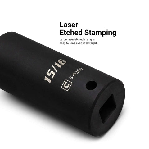 Close-up of a laser-etched 15/16 impact socket, part of Half Inch Drive Shallow And Deep Impact Socket Set SAE From Nine Sixteenths To One And A Half Inches 28 Piece With Billet Aluminum Socket Rail Heavy Duty Torque Ready For The Home Mechanic.