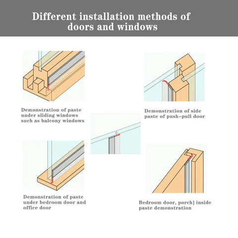 Illustrations showing different installation methods of transparent silicone door seal strip self adhesive weather stripping on windows and doors.