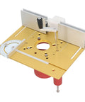 Slick Aluminum Router Lift Kit With Dead Nuts Accurate Dial Scale Flip Plate, gold base with elevation module for woodworking.
