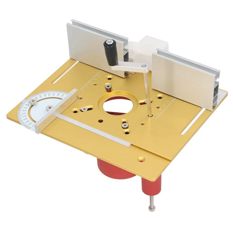 Slick Aluminum Router Lift Kit With Dead Nuts Accurate Dial Scale Flip Plate, gold base with elevation module for woodworking.
