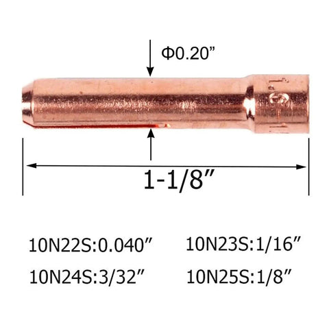 Copper collet dimensions for 55 Piece TIG Welding Torch Accessories Kit With Alumina Nozzles Glass Cup And Stubby Gas Lens For WP 17 18 26 Welders Includes 3 Stubby Gas Lenses And 8 Collets