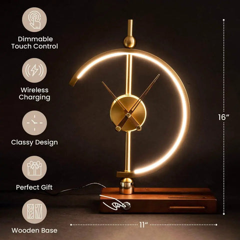 All In One Desk Lamp With Wireless Charger And Built In Clock Modern Art Deco Boss Level Office Light with wooden base