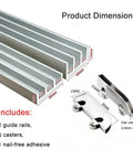 Triple Track Sliding Door Hardware Kit With Aluminum U Channel Rails No Drill Adhesive dimensions and components shown