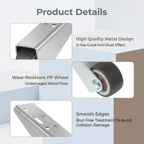 Close-up of Two Pack Low Profile Rubber Casters Smooth Roll Door Support Wheels Side Mount with metal design and wear-resistant wheel.