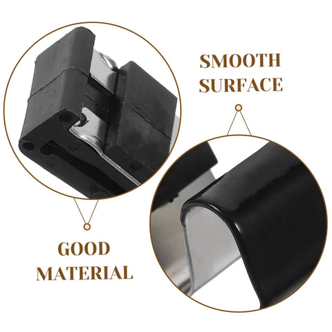 Close-up of ETHZZLE gas tank door cover spring clip; black plastic with metal hinge for secure seal