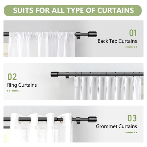 Five Eighth Inch Adjustable Curtain Rod Set, 30 To 90 Inches, Black Splicing Rods For Windows From 30 To 84 Inches, curtain types view