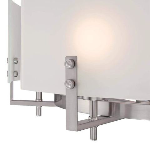 Close-up of Enzo James Brushed Nickel Six Light Indoor Chandelier With Frosted Glass detailing, showing brushed nickel finish