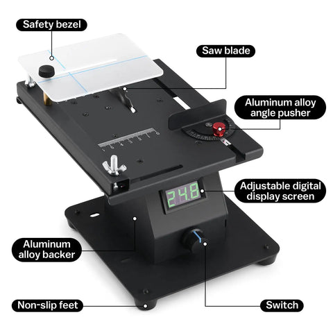Close-up view of Badass Compact Four In One Mini Table Saw With LED Voltage Display showing safety bezel, saw blade, and digital screen.