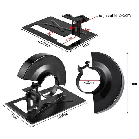 Adjustable Heavy Duty Steel Angle Grinder Safety Guard And Balance Bracket Holder For Garage Woodworking shows dimensions for secure installation.