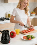 Woman preparing food in kitchen with Go To Turkish Coffee Maker 600Ml Electric Pot With Even Heating Removable Anti Scald Handle