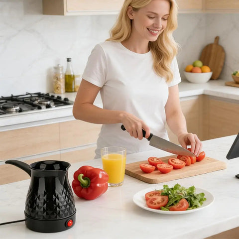 Woman preparing food in kitchen with Go To Turkish Coffee Maker 600Ml Electric Pot With Even Heating Removable Anti Scald Handle