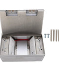 Slick Access Recessed Floor Electrical Outlet Kit Featuring Dead Simple Spring Loaded Lid and Flat Concealed Duplex Receptacle for Top Shelf Tile and Marble Floors, showing stainless steel outlet box with USB and LAN ports.