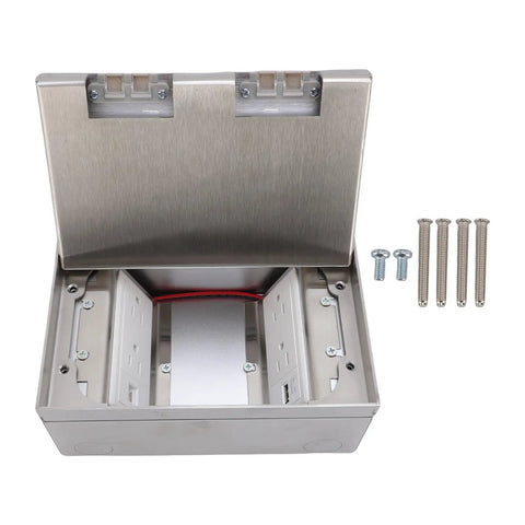 Heavy Duty Stainless Steel Recessed Floor Power Outlet Kit With Usb A Charging Port And Ethernet Jack Flush Mount Electrical Box open view with screws