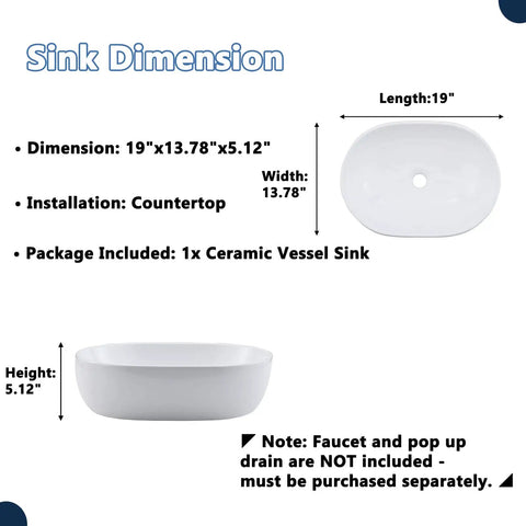 Oval Vessel Sink 19x14 Inches Ceramic Above Counter White Porcelain Modern Art Basin For Lavatory Vanity Cabinet Sleek Dope Look Durable White Glaze Easy Clean Contemporary Bathroom Fixture